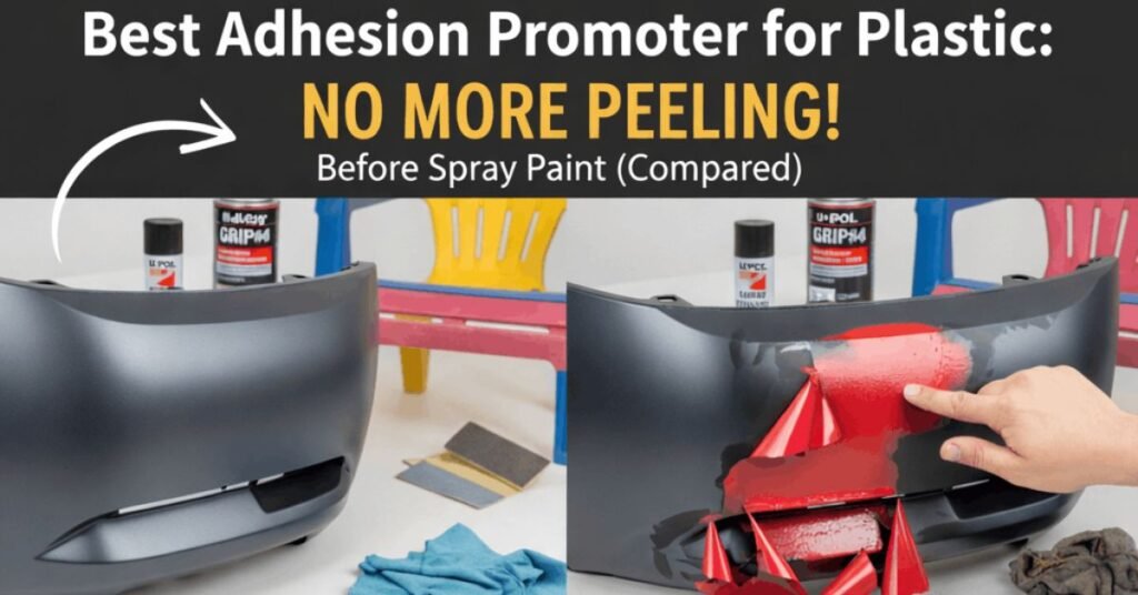 A split-screen comparison image titled "Best Adhesion Promoter for Plastic: NO MORE PEELING!" showing a successful smooth gray paint finish on a plastic bumper (left) versus a failed red paint application peeling off a similar bumper (right).