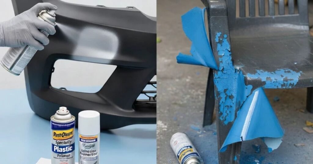 A side-by-side comparison of a person spray painting a plastic car bumper with a smooth finish (left) versus blue paint aggressively peeling off a plastic chair (right).