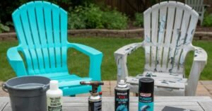 Outdoor plastic patio chairs before and after refinishing—one chair freshly painted turquoise, the other peeling white paint—shown with spray paint cans, a torch, plastic degreaser, and a bucket on a table in a backyard setting.