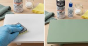 Split-screen showing the process of scuffing a white plastic surface and the final result of a smoothly spray-painted sage green accessory with DIY prep tools in the background. Short description: Learn how to prep plastic for spray paint without peeling. This beginner-safe guide covers cleaning, scuffing, and adhesion promoters for a long-lasting finish.