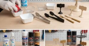 DIY guide image showing the prep and painting of polypropylene charcuterie accessories. One panel shows surface scuffing, while others display required cleaners and spray paints.