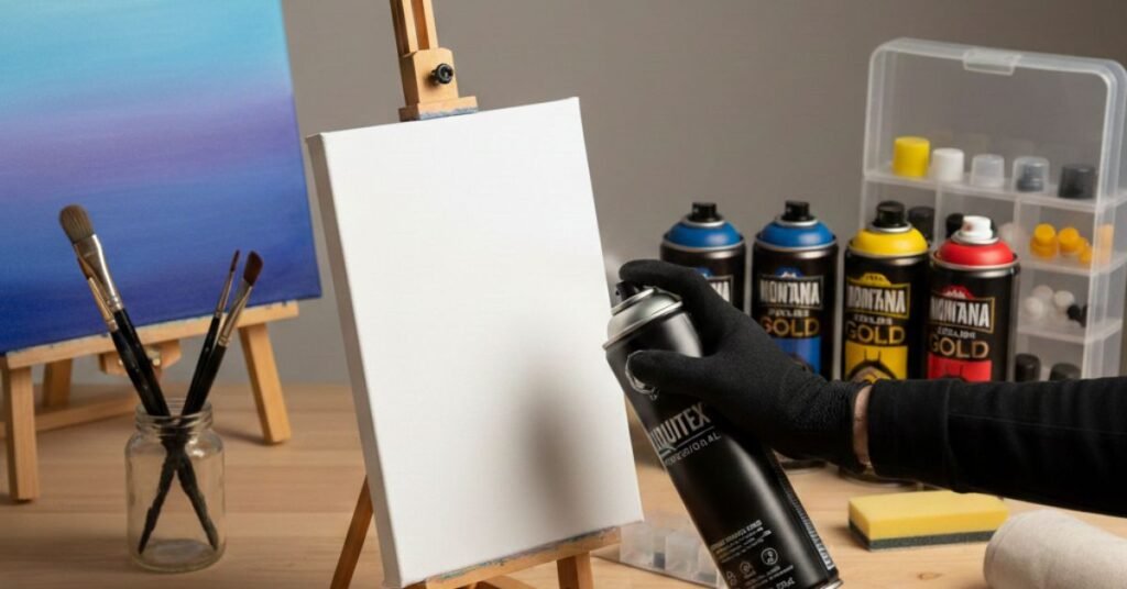 An artist in black gloves uses a Liquitex spray can on a blank canvas, surrounded by Montana GOLD paints and studio supplies.
