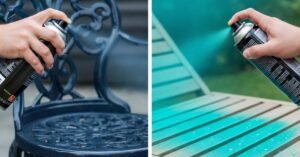 Split image showing two hands spray-painting outdoor furniture—left spraying a dark metal chair, right spraying a wooden chair with teal paint.