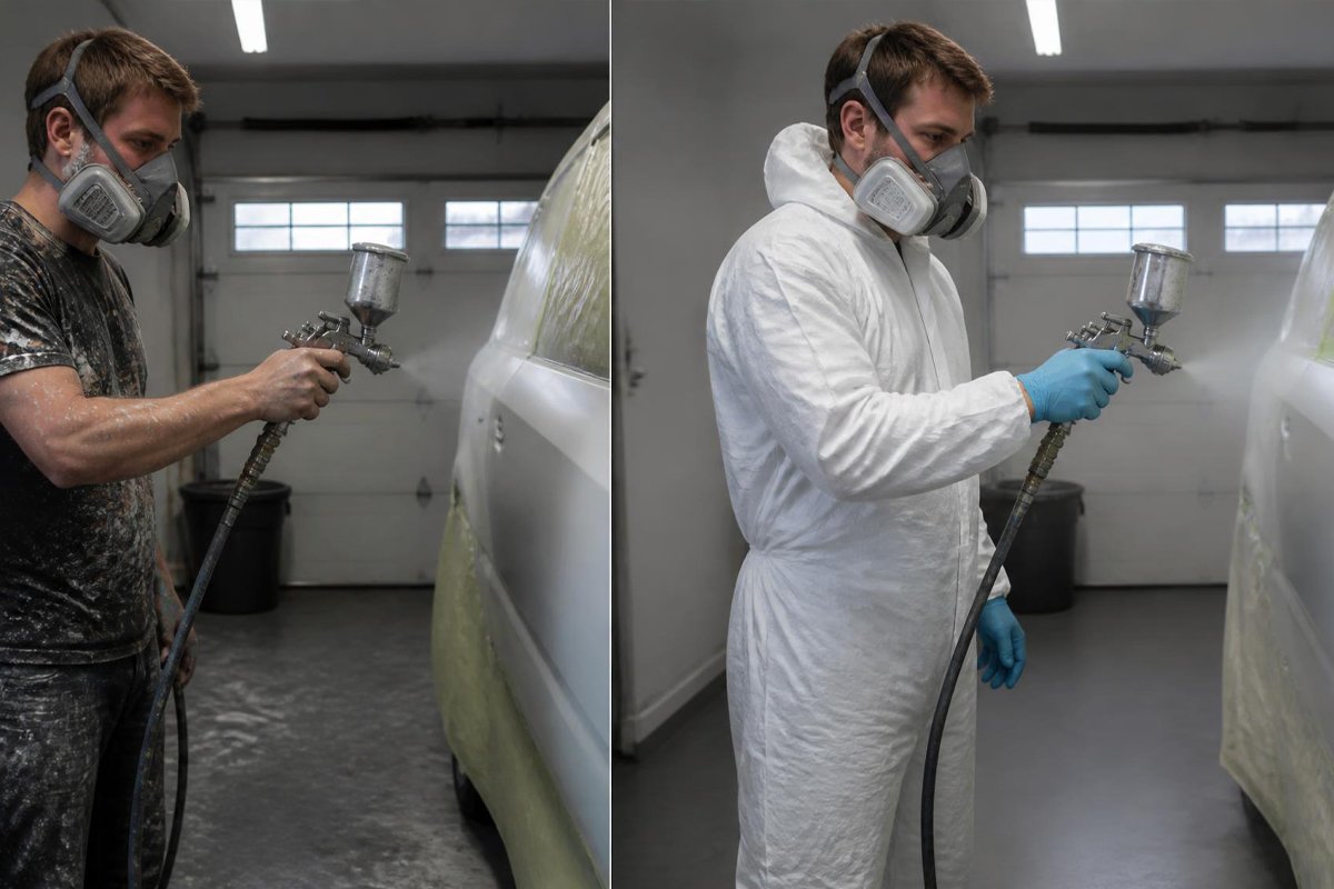 disposable coverall and respirator for spray painting safety