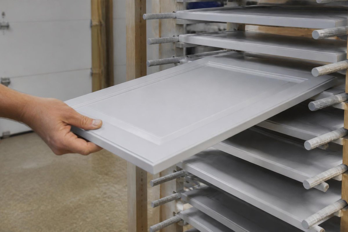 loading painted cabinet doors onto a vertical drying rack