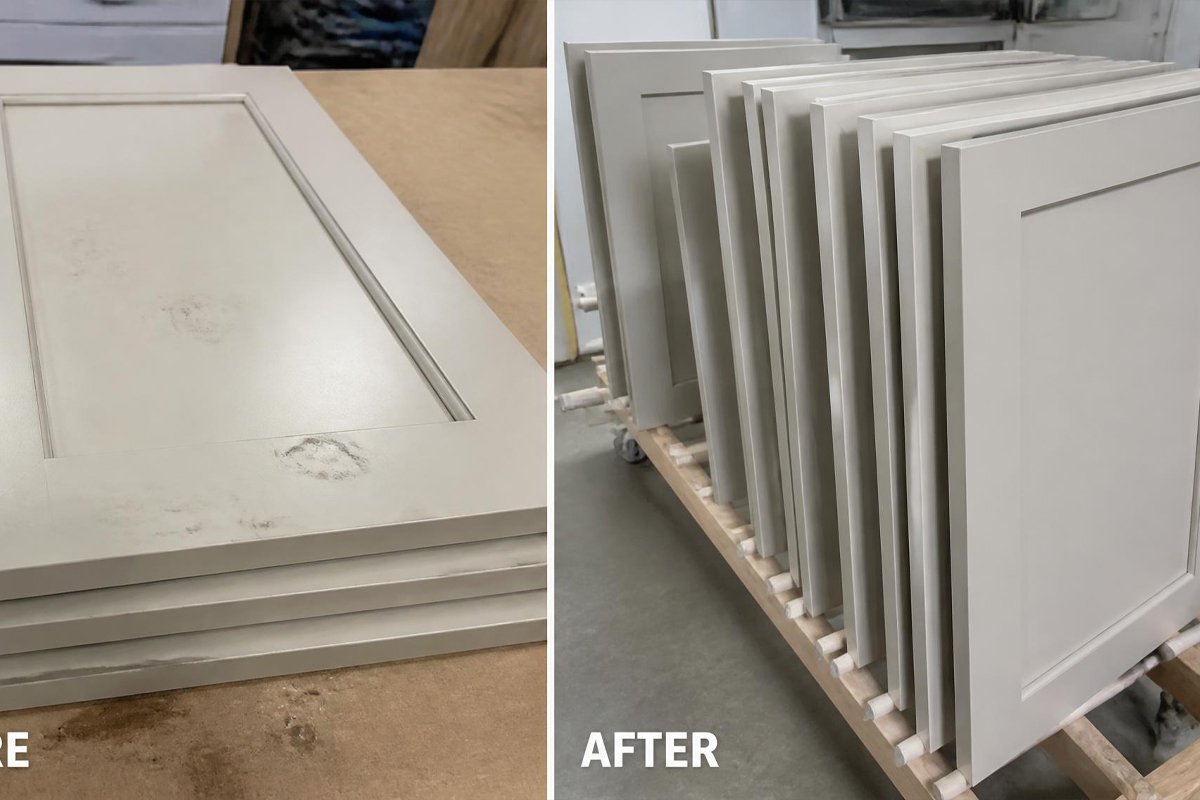 properly dried cabinet doors on a drying rack versus flat-stacked doors with smudges