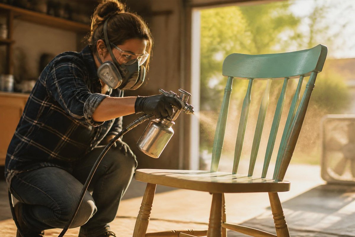 person wearing half-face respirator spray painting safely in ventilated garage