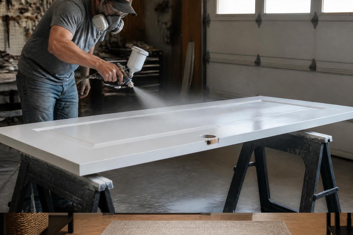 spraying interior door flat on sawhorses in garage