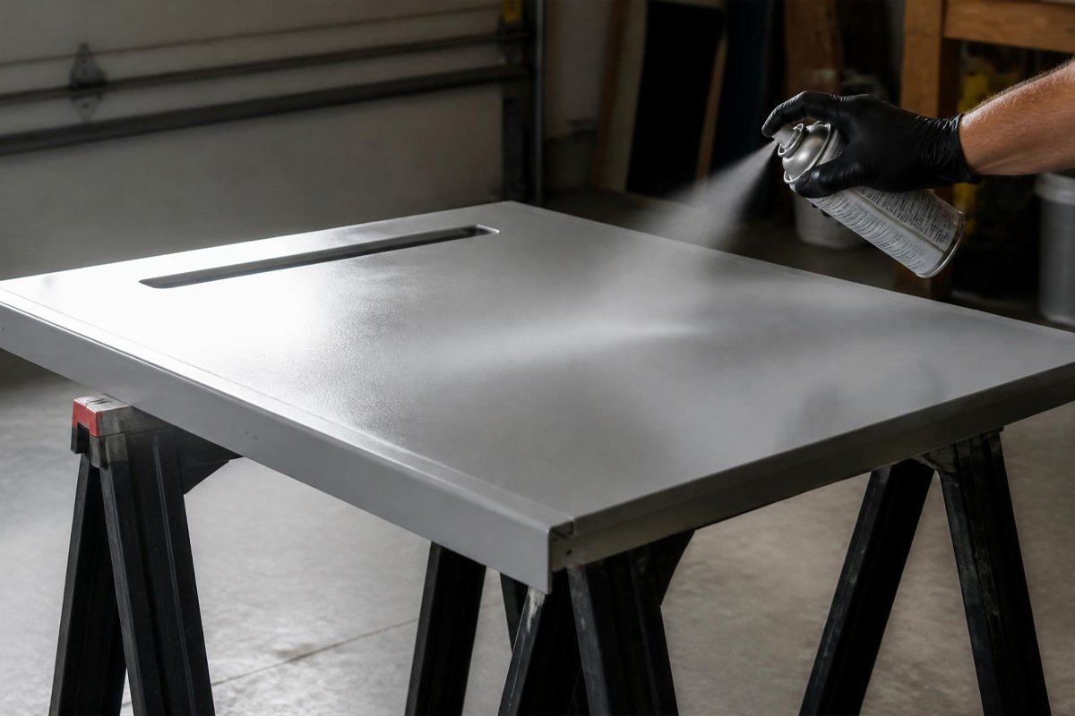 spray painting dishwasher panel flat on sawhorses