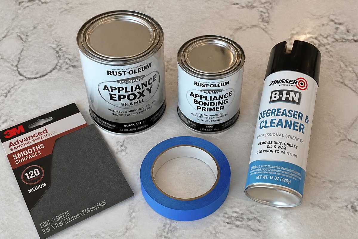 tools for spray painting kitchen appliances epoxy paint sandpaper degreaser