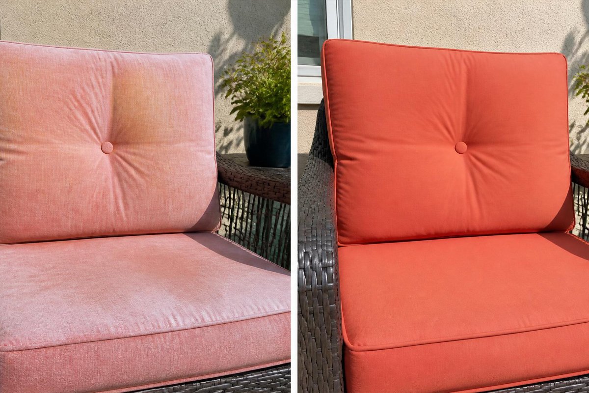 outdoor cushion before and after fabric spray paint