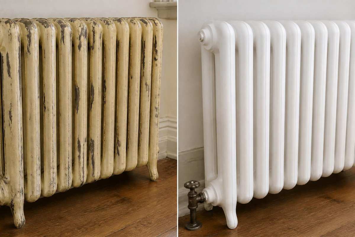 radiator before and after spray paint chipped versus smooth finish