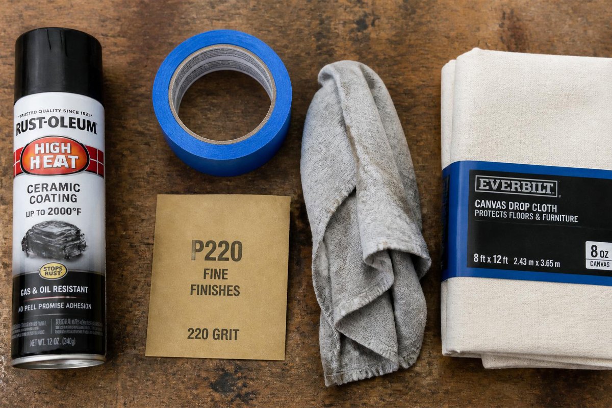 tools for spray painting a radiator heat resistant paint masking tape sandpaper