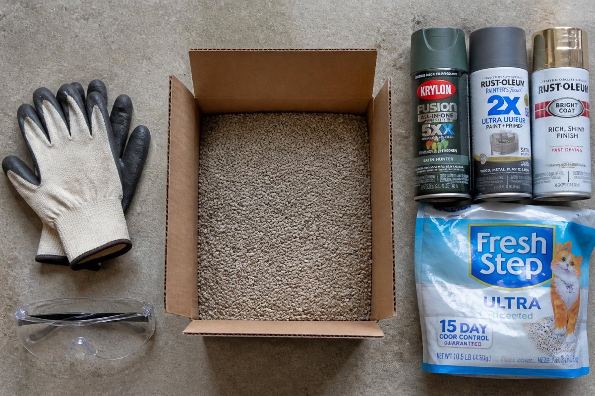 spray paint disposal supplies cat litter cardboard box gloves