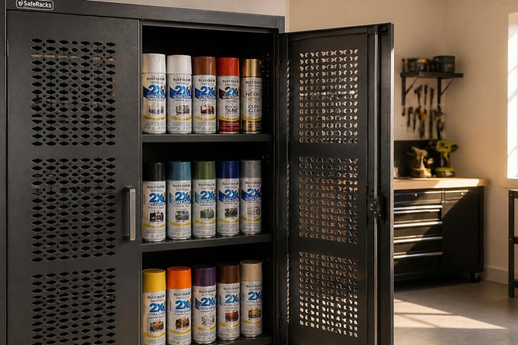 spray paint storage and disposal cabinet in home garage