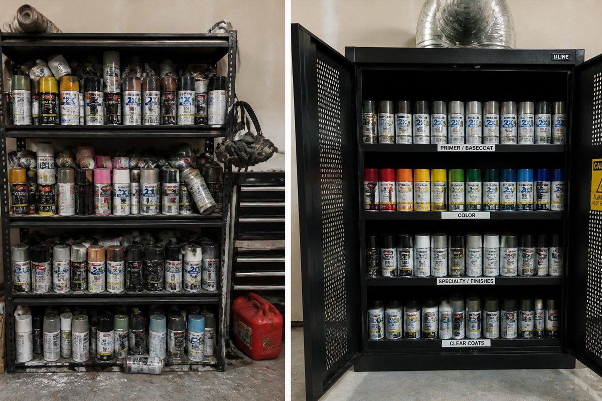 cluttered spray paint shelf versus organized ventilated storage cabinet