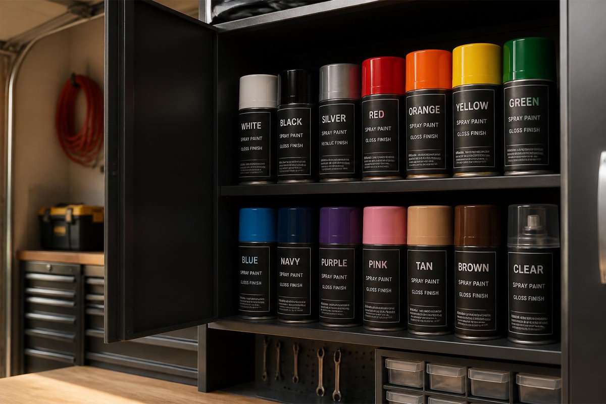 organized garage storage cabinet with labeled spray paint cans