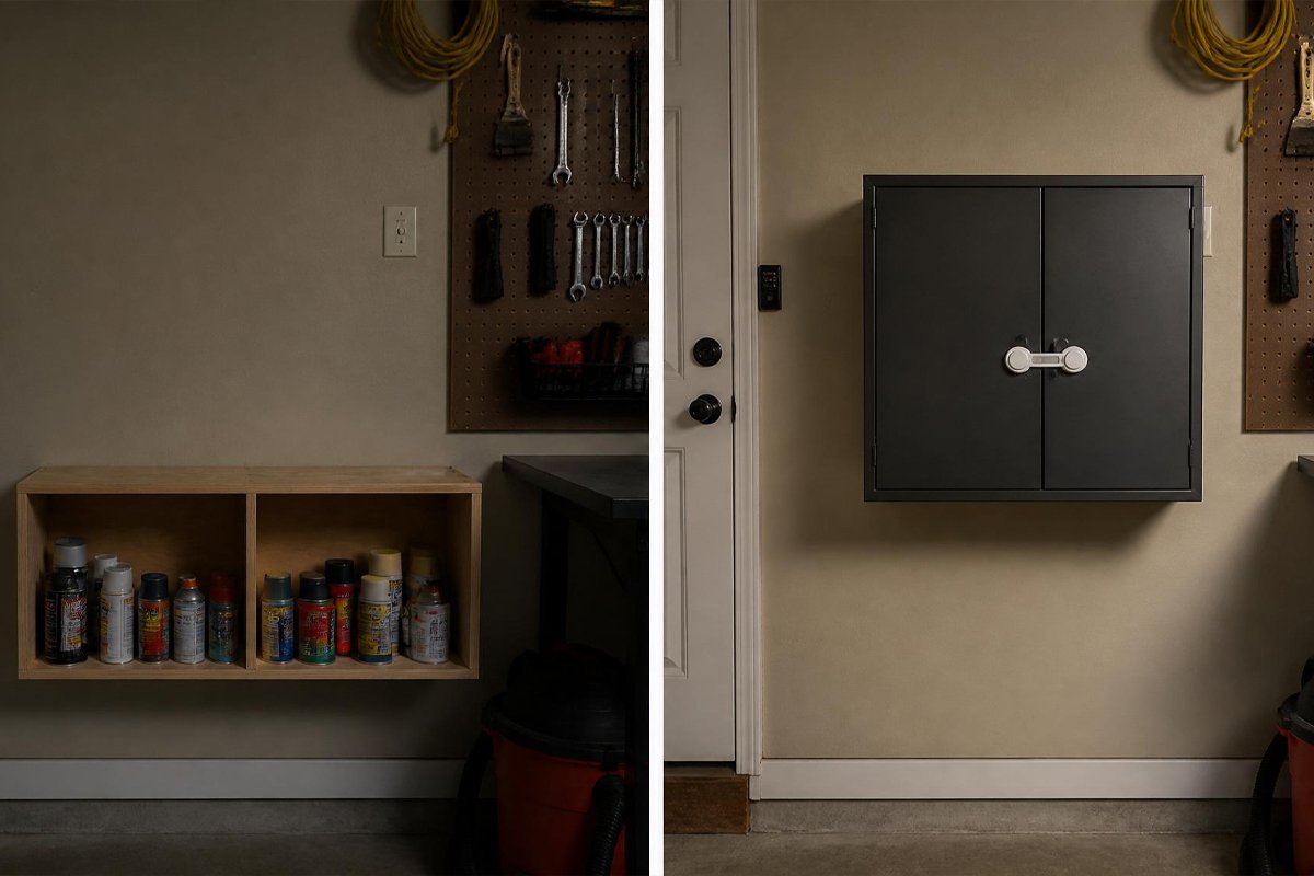 open accessible spray paint shelf versus latched childproof cabinet