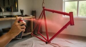 gpt image 2 A clean home garage workshop scene a disassembled bicycle frame hanging from a w 0