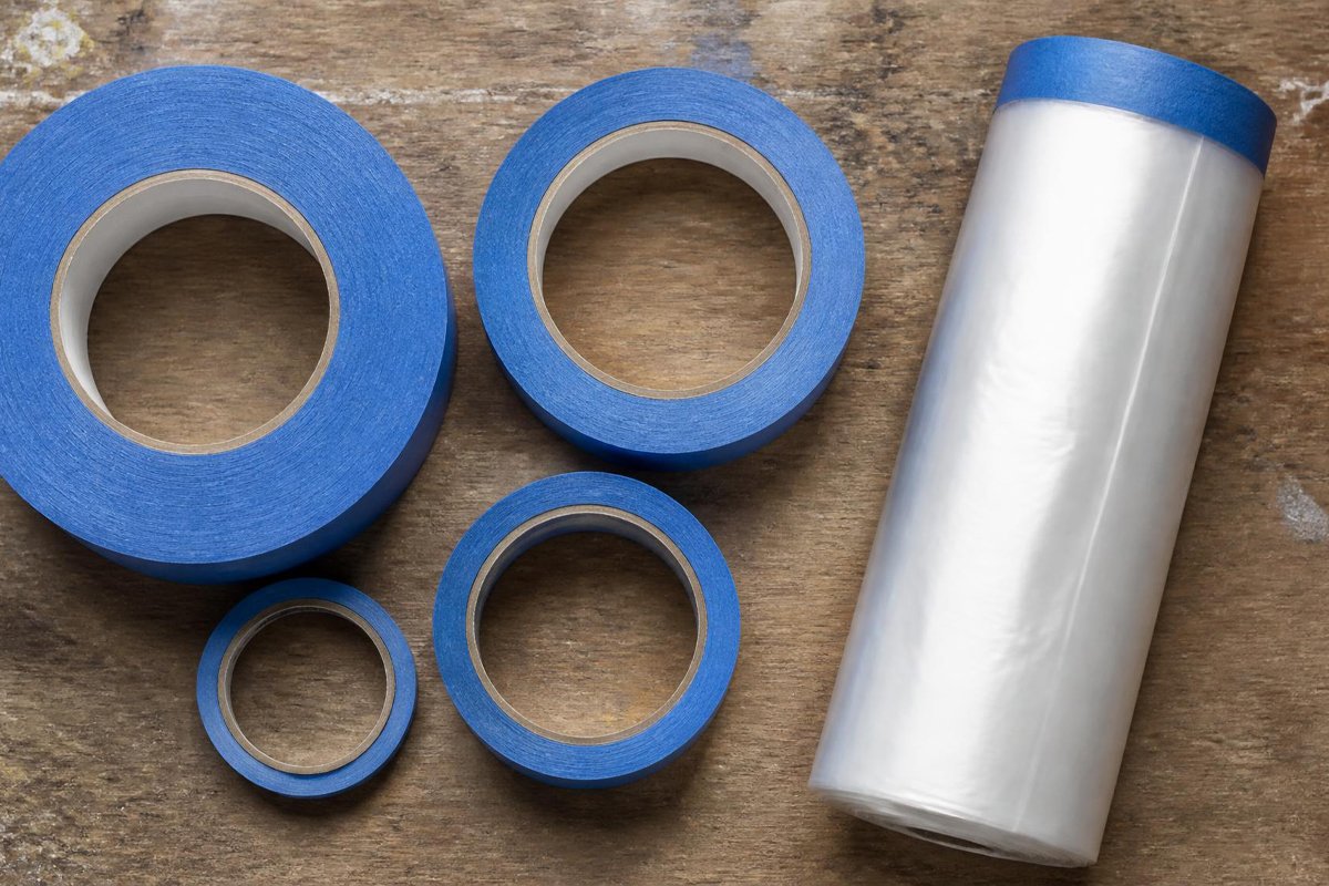 rolls of painters tape and masking film for spray painting prep