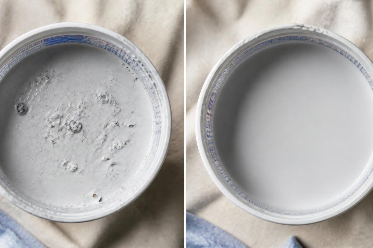 unstrained paint with debris versus clean strained paint