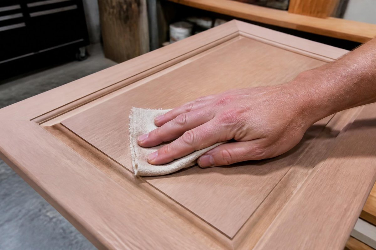 wiping a sanded wood surface with a tack cloth before painting
