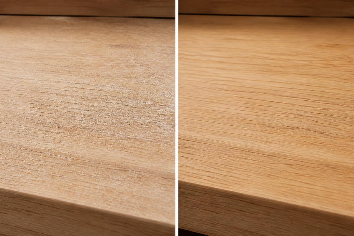 sanded surface before and after wiping with a tack cloth