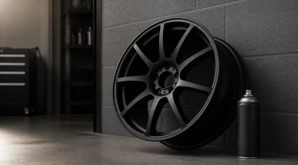 gpt image 2 A car alloy wheel freshly painted in satin black leaning against a garage wall a 0