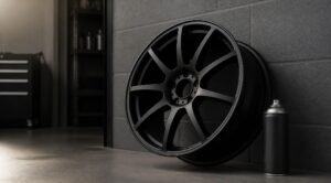 gpt image 2 A car alloy wheel freshly painted in satin black leaning against a garage wall a 0