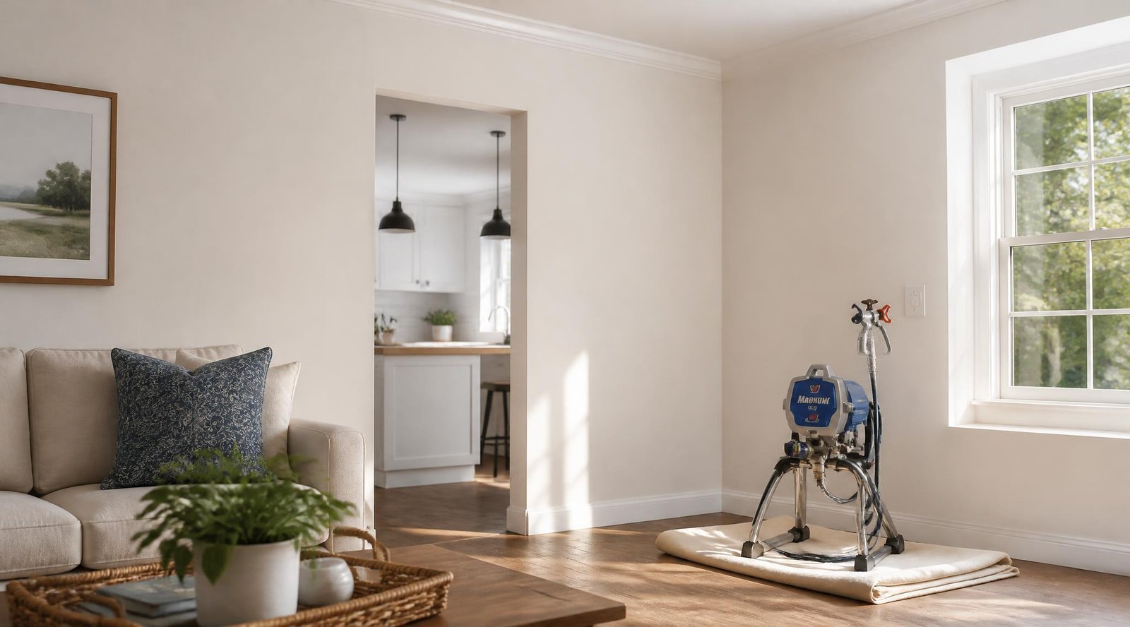 gpt image 2 A finished bright living room with smooth freshly painted soft white walls and a 0