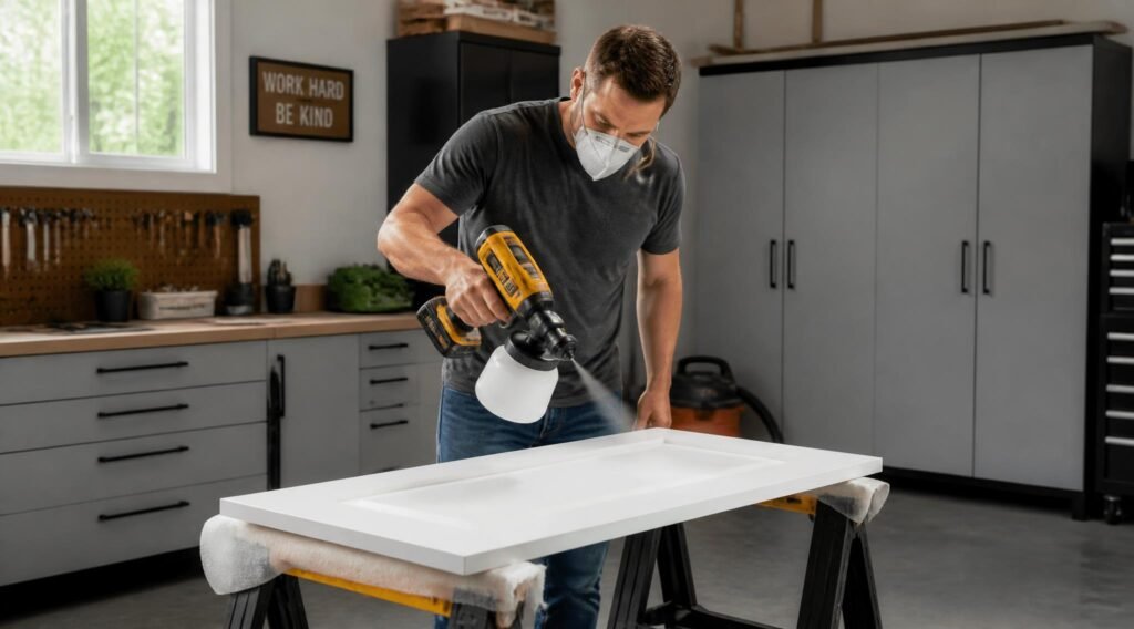 gpt image 2 A homeowner using a handheld cordless paint sprayer on a white cabinet door laid 0