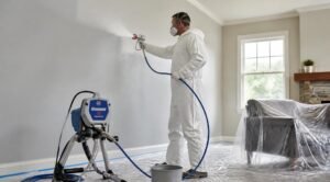 gpt image 2 A homeowner wearing a respirator goggles and a white coverall spraying fresh pal 0