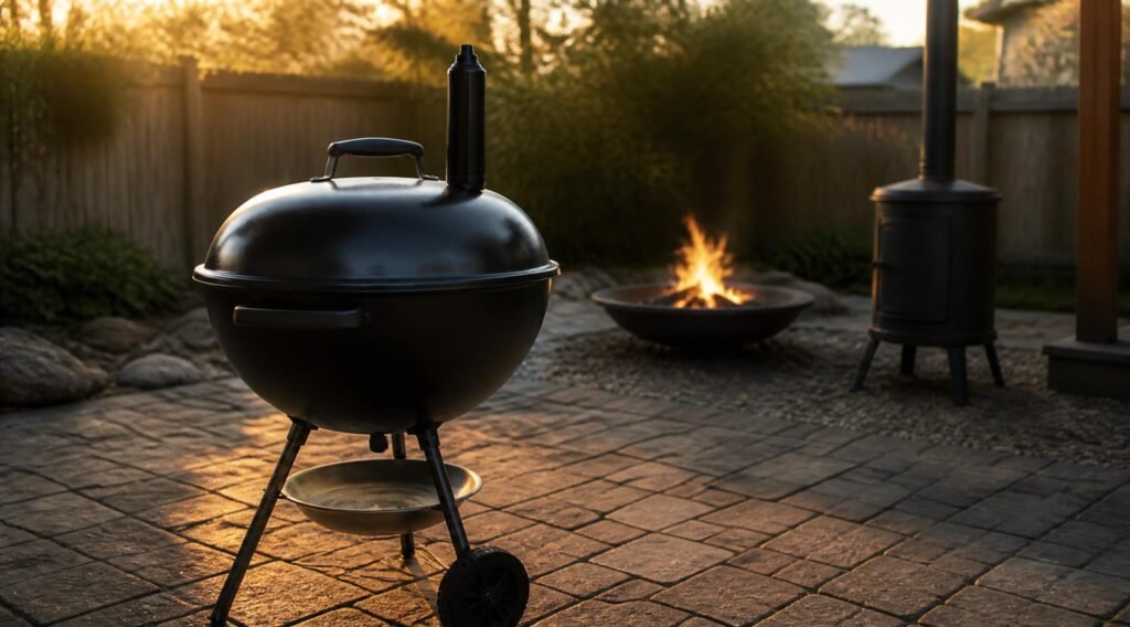 gpt image 2 A matte black kettle style charcoal grill freshly painted standing on a backyard 0