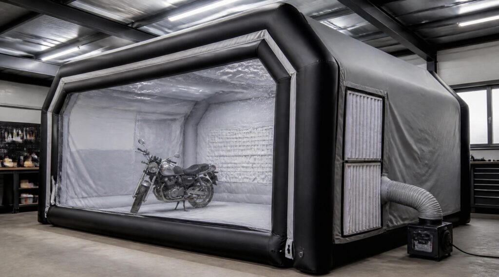 gpt image 2 Create a photorealistic image of a large inflatable portable spray paint booth i 0