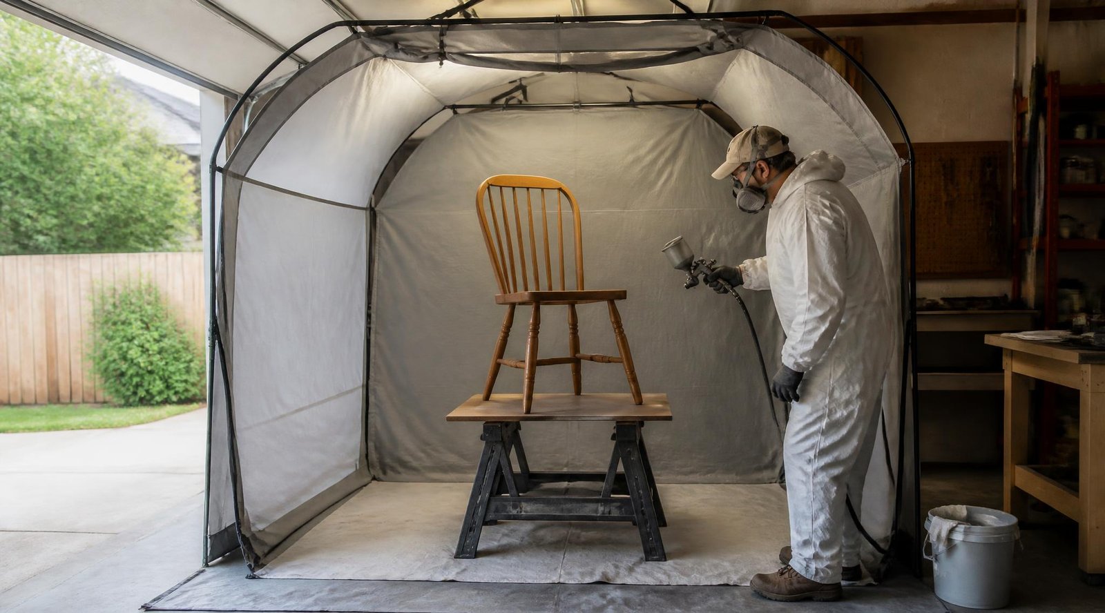 gpt image 2 Create a realistic photograph of a portable fabric spray paint booth set up in a 0