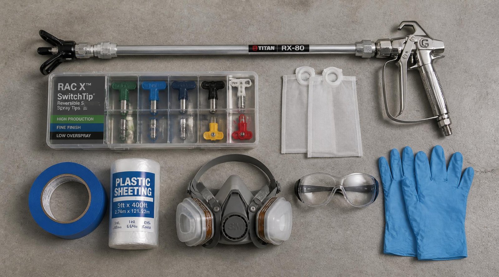gpt image 2 Overhead flat lay of airless sprayer accessories arranged neatly on a clean conc 0