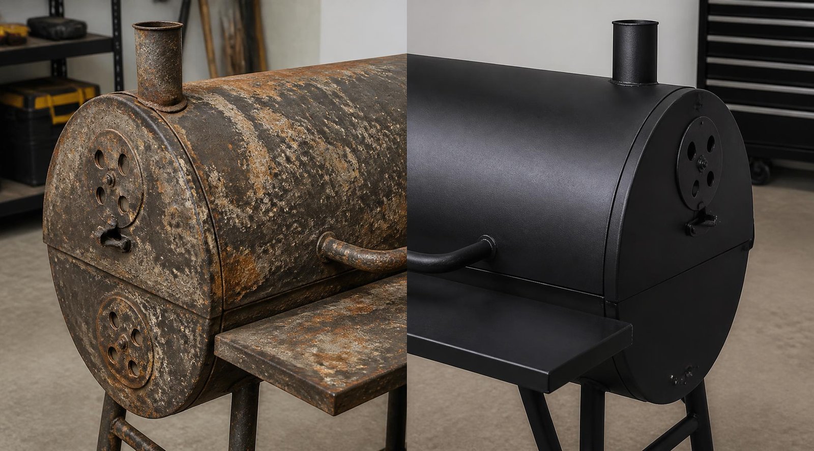 gpt image 2 Split composition photo left half shows a rusty flaking old barbecue grill body 0