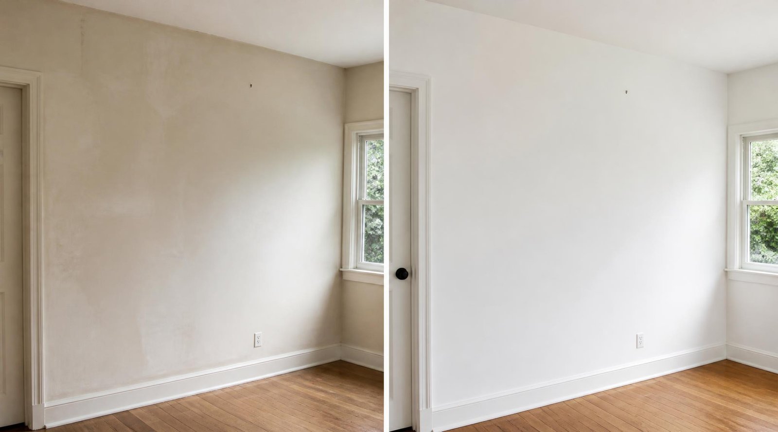 gpt image 2 Split image comparison showing a dull scuffed beige interior wall with uneven ro 0
